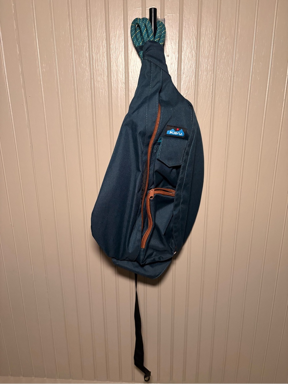 Kavu Navy Sling Bag with Brown Accents